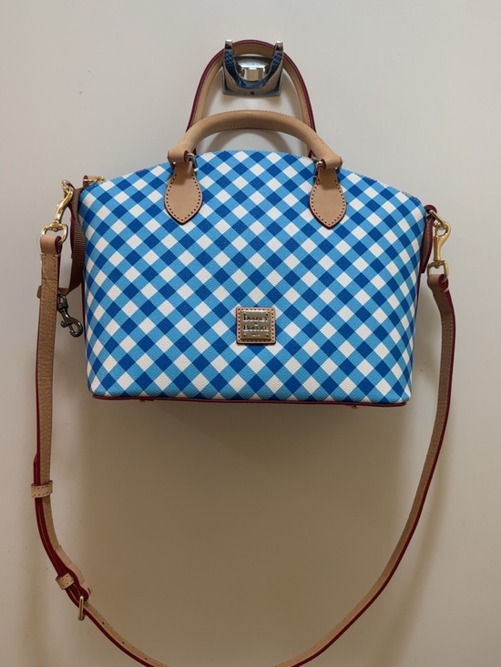 Dooney & Bourke Handbags - NWT Dooney & Bourke Blue Gingham Satchel with Tan Trim and Red-Edged Strap
